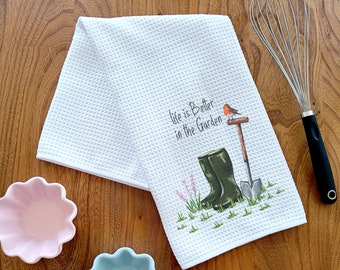 Life is Better in the Garden Tea Towel  | Kitchen Waffle Tea Towel | Microfibre