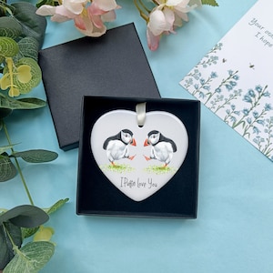 Puffin Ceramic Heart Decoration | I Puffin Love You Hanging Ornament | Personalised Puffin Gift