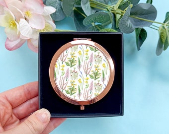 Wildflowers Pocket Mirror | Woodland Flowers Rose Gold Compact Mirror