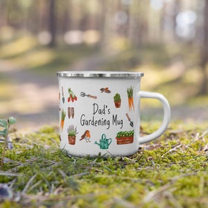 Personalised Gardening Mug | Custom Enamel Mug with Garden Tools Illustration | Gift for Gardeners | Outdoor Coffee Mug