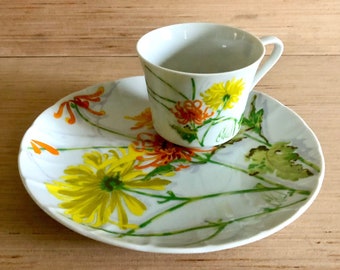 Vintage Snack Plate Coffee/Teacup Set Chrysanthemum by Seymour Mann Original Watercolor by Eda Orange Yellow Green Floral Bright Spring