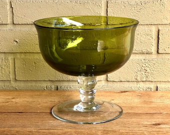 Vintage Olive Green Glass Compote Bowl: Pedestal Centerpiece