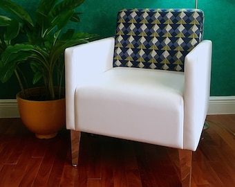 Contemporary Lounge Chair by ERG Accent Chair White with Blue/Green Geometric Pattern Back Upholstery Chrome Legs