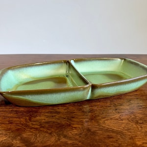 Frankoma Divided Dish Prairie Green #5QD Two Section Serving Platter 15&quot; w Handles Vegetable Bowl Baking Dish Mid Century Farmhouse Rustic