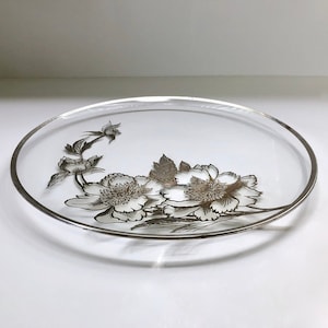 Mid Century Silver Overlay Floral Glass Platter/Tray by Silver City Co. Decorative Tray, Bridal Showers, Wedding Anniversary Collectible
