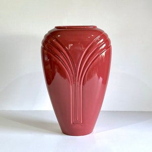 80s Large Tall Cranberry Haeger Ceramic Vase - Post Modern Art Deco Style Model 4386