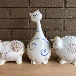 Hand Painted Glazed Porcelain Animal Figurine w Embossed Pastel Color Squiggles Cow Long Neck Cat Sheep Farm Animals Nursery Decor Baby Room