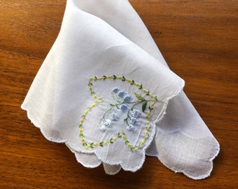 Vintage Embroidered Floral Ladies Hankie Light blue, Yellow and Green Embroidered Flowers on White Cotton Handkerchief