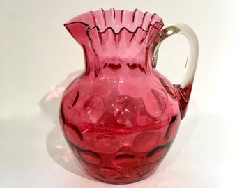 Vintage Fenton Cranberry Inverted Thumbprint Optical Coin Dot Pitcher Ruffled Rim Collectible Blown Glass Jug