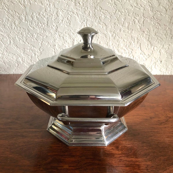 Vintage Inox Stainless Steel Octagonal Covered Serving Bowl/Casserole with Octagon Silver Footed Serving Dish w/Cover Elegant Retro 70s Bowl