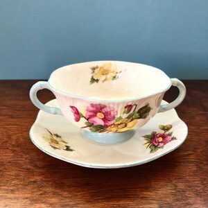 Begonia (Dainty Shape) by Shelley Footed Cream/Soup Bowl & Matching Saucer Fine Bone China England