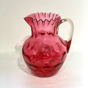Vintage Fenton Cranberry Inverted Thumbprint Optical Coin Dot Pitcher Ruffled Rim Collectible Blown Glass Jug