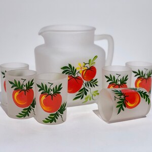 Vintage Hand Painted Frosted Glass Pitcher and Glass Set Juice Pitcher & 6 Glasses Hand Painted Tomatoes Gay Fad Hazel Atlas Retro Kitchen