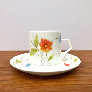 Vintage 70s Flat Cup and Saucer Set Just Flowers by Mikasa Narumi, Japan Bone China Collectible Floral Tea/Coffee Cup & Saucer Set