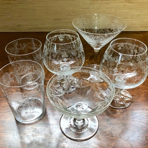 Set of 6 Mixed Tiffin Franciscan Etched Crystal Stemware Vintage Glass Aperitif Cordial Liquor Cocktail and Juice Glasses Bar Glasses