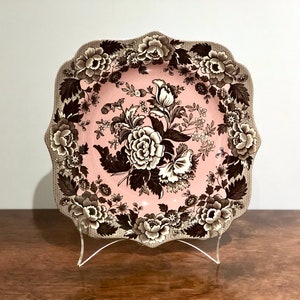 Vintage Piatto da collezione The Spode Archive Collection Fiori britannici Papavero Quadrato Marrone Rosa Transferware Piatto da collezione Made in England