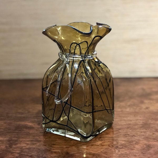 Vintage Art Glass Drawstring Bag Jarrón Murano Style Light Brown Amber and Black Square Base & Clear Drawstring