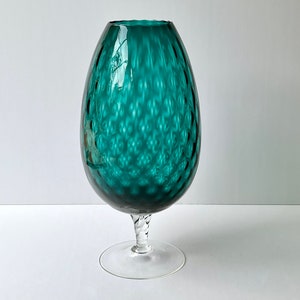 Rare Vintage Teal Empoli Glass Diamond Optic Vase Extra Large Twisted Clear Stem Large Aqua/Turquoise Bowl Hand Blown Collectible Art Glass
