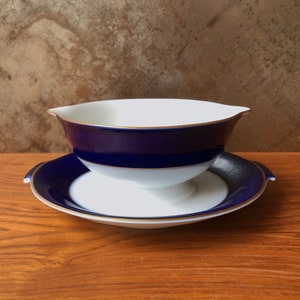 Gravy Boat with Attached Underplate &quot;Claudine&quot; Classic Rose Collection by Rosenthal Group Germany Wide Royal Blue Band Gold Rim China