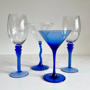 Assorted Blue Stem Barware Martini Cocktail Wine Glasses Set of 4 Vintage Mismatched Styles Grape Cluster Etched Wavy and Swirl Twisted Stem