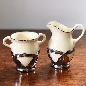 Farber Bros. & Lenox China Creamer and Open Sugar Bowl Set Classic Lenox Ivory Porcelain w/Chrome Holders