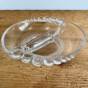 Duncan & Miller Teardrop Glass Nut Dish, Beaded Edge Two Section Divided Bowl Relish