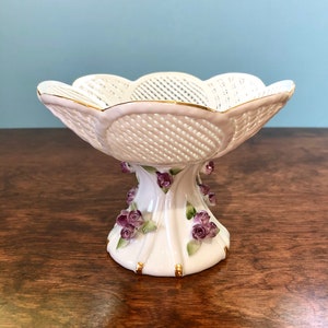 Vintage Hand Made Hand Painted Reticulated Porcelain Footed Dish Romanian Floral Woven Pedestal Bowl/Compote Candy Dish Russ Collection image 10