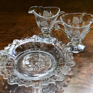 Vintage Floral Etched Creamer and Sugar Bowl Set Floral Etched Depression Glass Serving Plate Intricate Etching Scalloped Edge