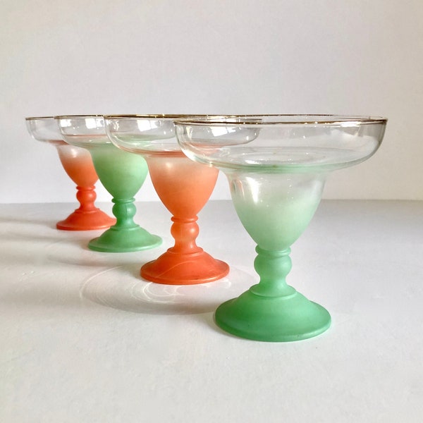 Vintage Blendo Margarita glazen set van vier frosted groene en oranje glazen retro barware mid century modern kleurrijk glaswerk