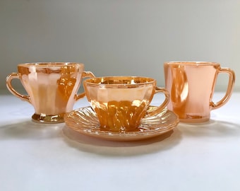 Vintage Fire King Peach Lustre Teacup and Saucer, Anchor Hocking Sugar Bowl