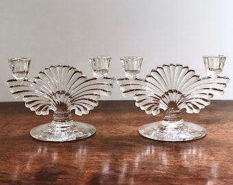 Gorgeous Pair of Art Deco Candleholders by Paden City Maya Pattern Clear Glass Double Light Pressed Glass Floral Etching Fan Shape 1930s