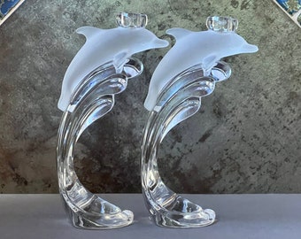 Dolphin Crystal Candlestick Holders by Lenox Vintage 80s Frosted Dolphin on Clear Waves Two Piece Set Made in Germany