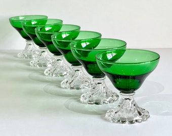 Set of Six Vintage Burple Green Champagne/Tall Sherbet Glasses by Anchor Hocking Green Boopie Swirl Foot Retro Glassware Mid Century Modern