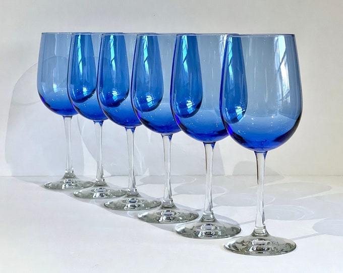 Large Cobalt Blue Clear Stem Wine Glasses 16 Oz Set of 6 Very Large