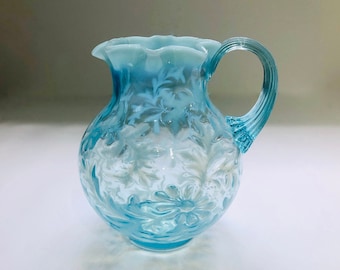 Vintage L.G. Wright Fenton Daisy & Fern Light Blue Opalescent Milk Pitcher/Jug Collectible Glass