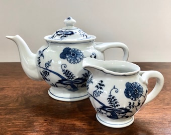 Vintage Teapot/Coffee Pot and Creamer Blue Onion Pattern by Blue Danube Japan White Background Meissen Blue Floral Designs on White Ceramic