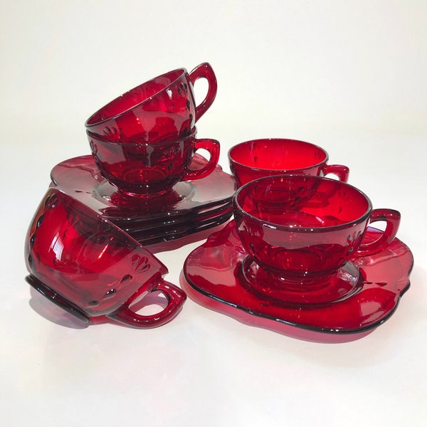 Vintage Set of Six Ruby Red Glass Cup and Saucers Footed Cup & Saucer Set "Crow's Foot" Pattern Ruby by Paden City Holiday Entertaining