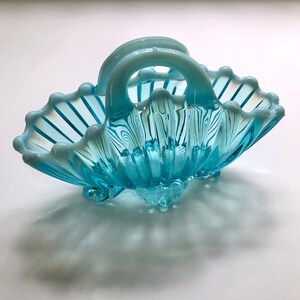 Antique Davidson Glass Pearline Blue Brideshead Pattern Folded or Pinched Basket Turquoise Blue Opalescent Glass Basket w Handles English