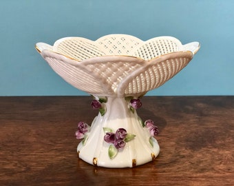 Vintage Hand Made Hand Painted Reticulated Porcelain Footed Dish Romanian Floral Woven Pedestal Bowl/Compote Candy Dish Russ Collection
