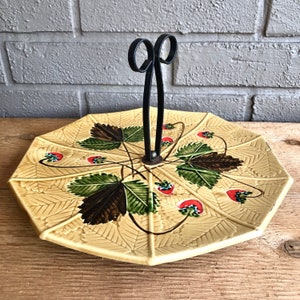 Umbrella Shaped Cheese/Appetizer Tray Black Metal Center Handle Leaf Pattern Hand Painted Pottery Poët Laval Ceramics Drome France 60s-70s