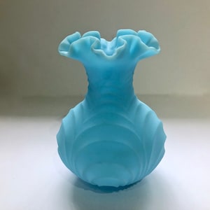 Fenton Light Blue Satin Glass Ruffled Vase Satin Finish Baby Blue Collectible Glass