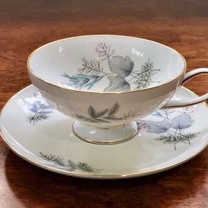 Vintage Franconia Krautheim Selb Bavaria Teacup and Saucer Mid Century Modern Minimal Design Flowers Sprigs & Gray Leaves Gold gilt Border