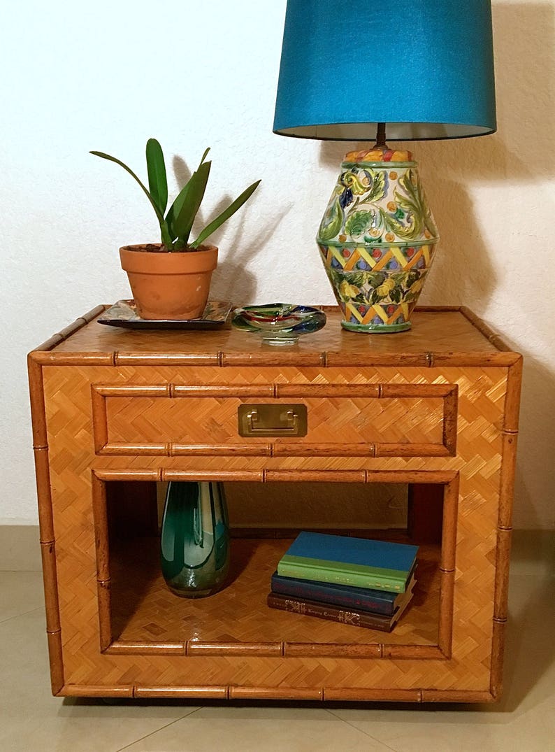 1970s Woven Wicker Rattan Faux Bamboo Side Table Natural ...