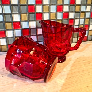 Vintage Viking Glass Ruby Red Sugar Bowl and Creamer Set, Georgian Pattern image 1