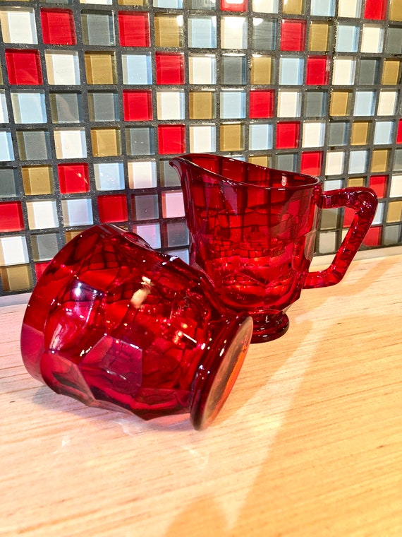 Vintage Viking Glass Ruby Red Sugar Bowl and Creamer Set, Georgian Pattern