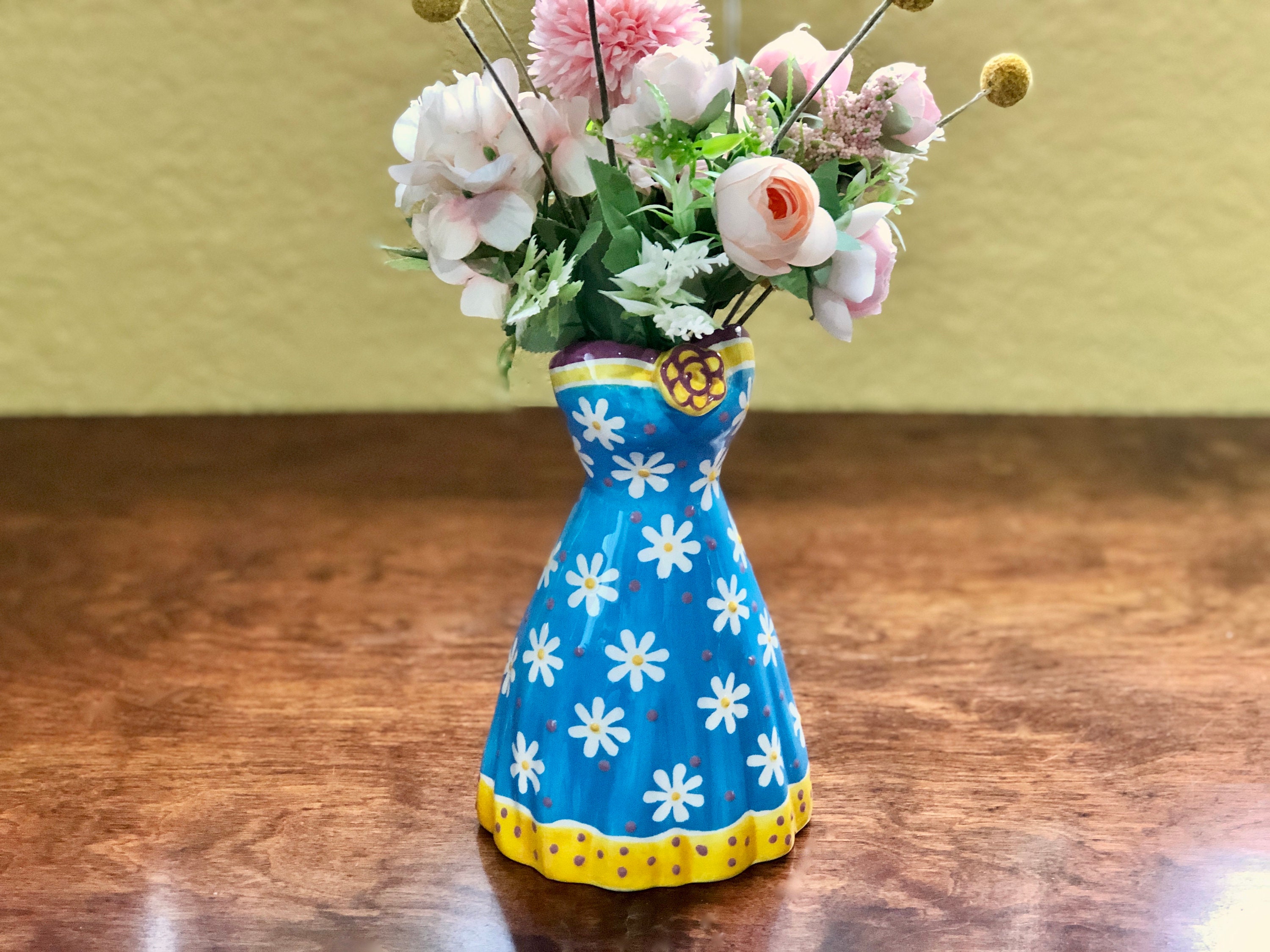 Hand-Painted Ceramic Daisy Dress Vase Blue, Yellow, Purple Floral Planter Betallic Llc