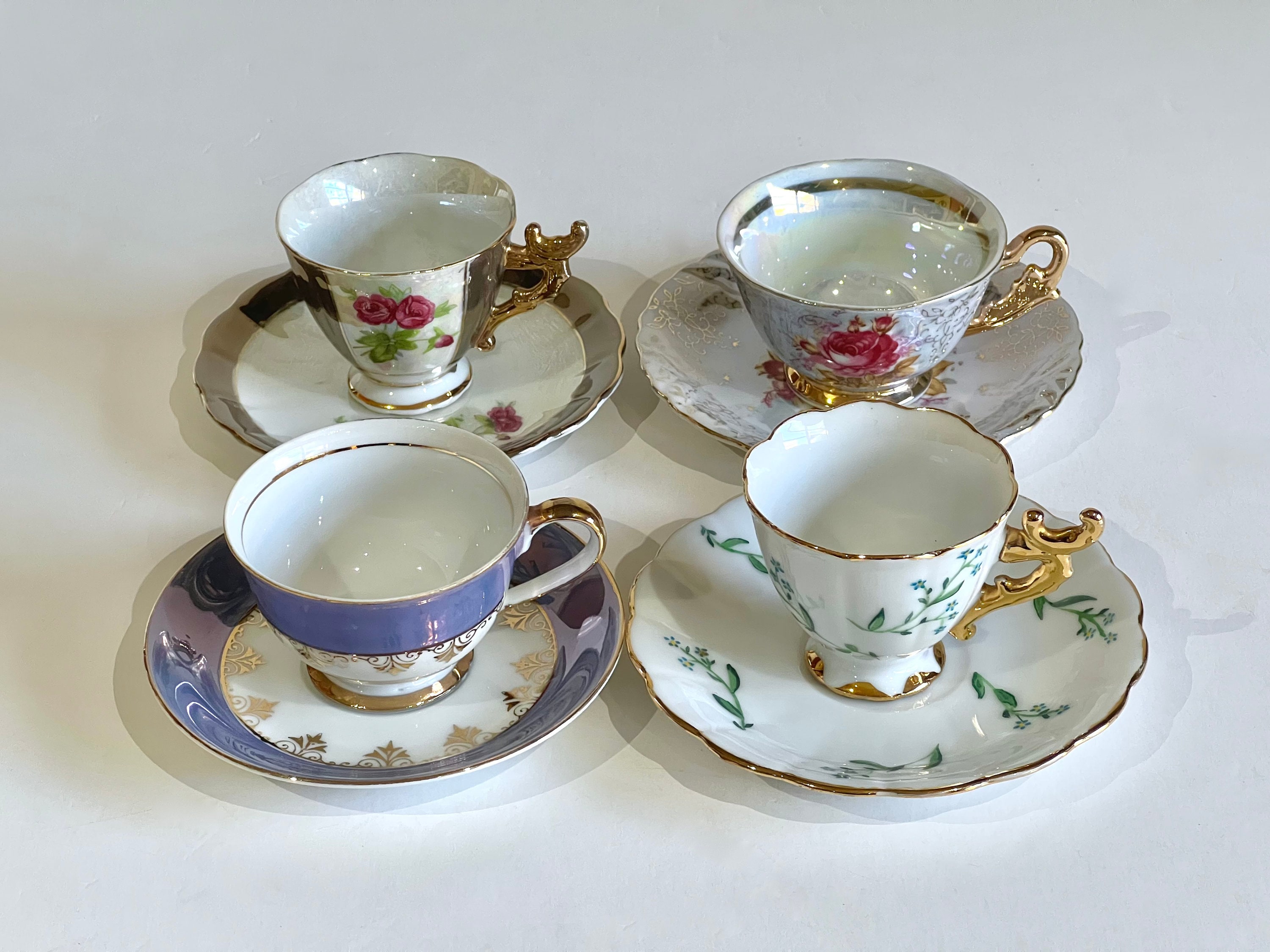 Vintage Demitasse/Espresso Coffee Cups & Matching Saucers (8 Pc Set) Multi-Colors, Multi-Styles, Ornate Gold Handles and Border Rims
