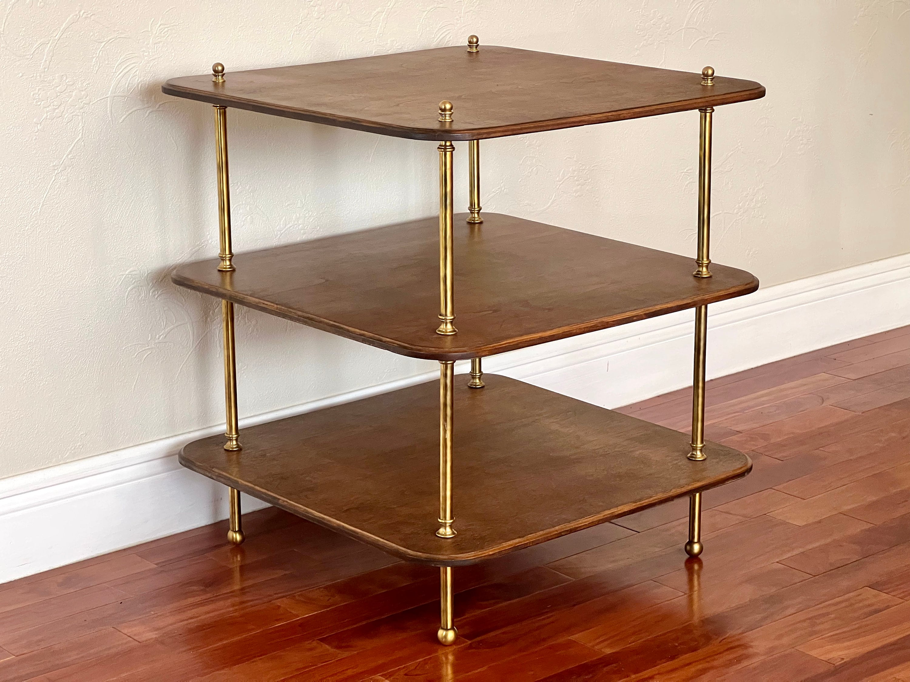 Vintage Mid-century Modern Three-tier Walnut and Brass Side Table