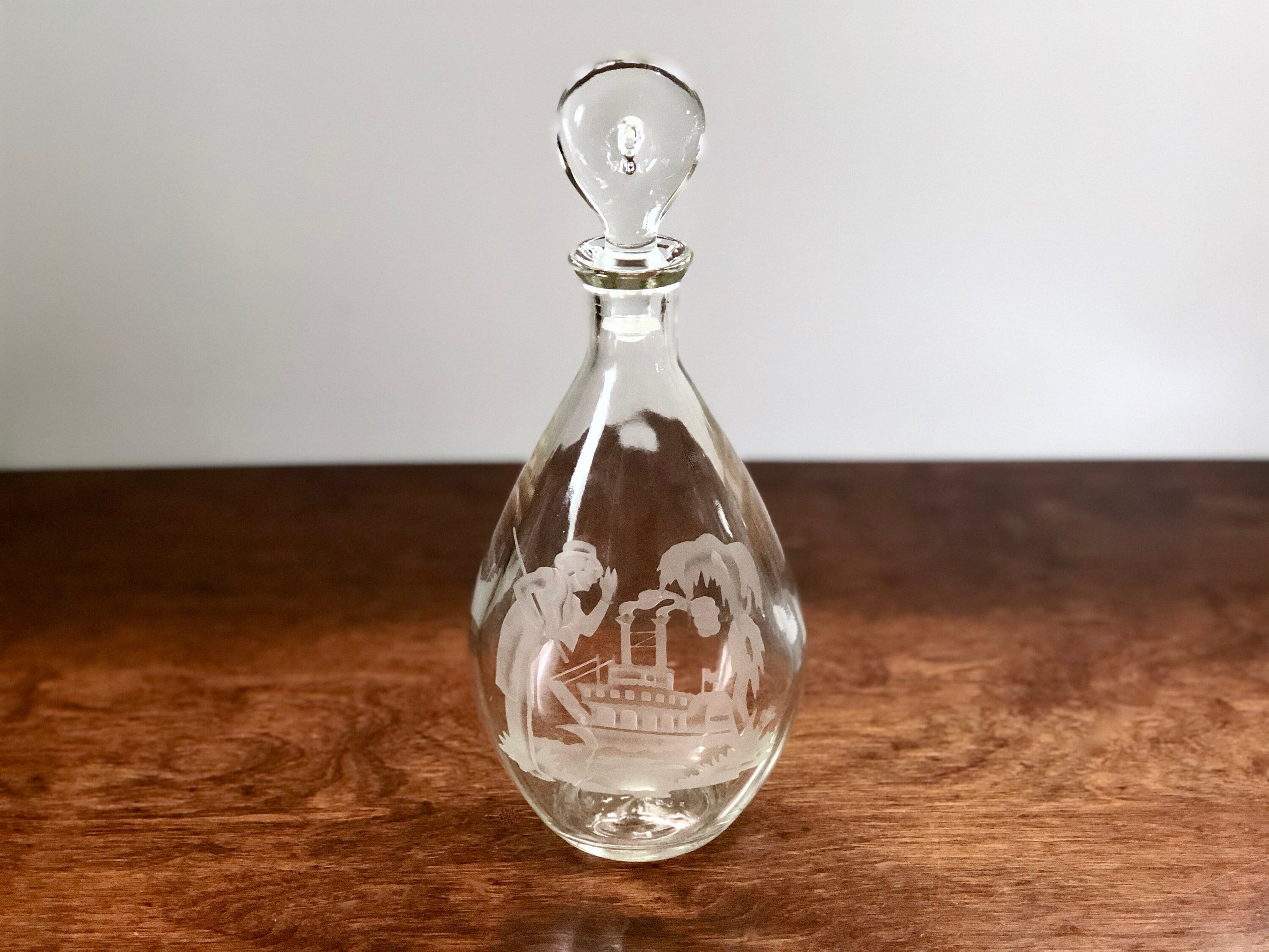 Vintage I.W. Harper Decanter, Etched Gentleman & Steamboat