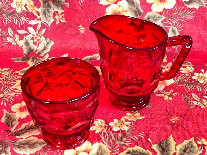Vintage Viking Glass Ruby Red Sugar Bowl and Creamer Set, Georgian Pattern image 8
